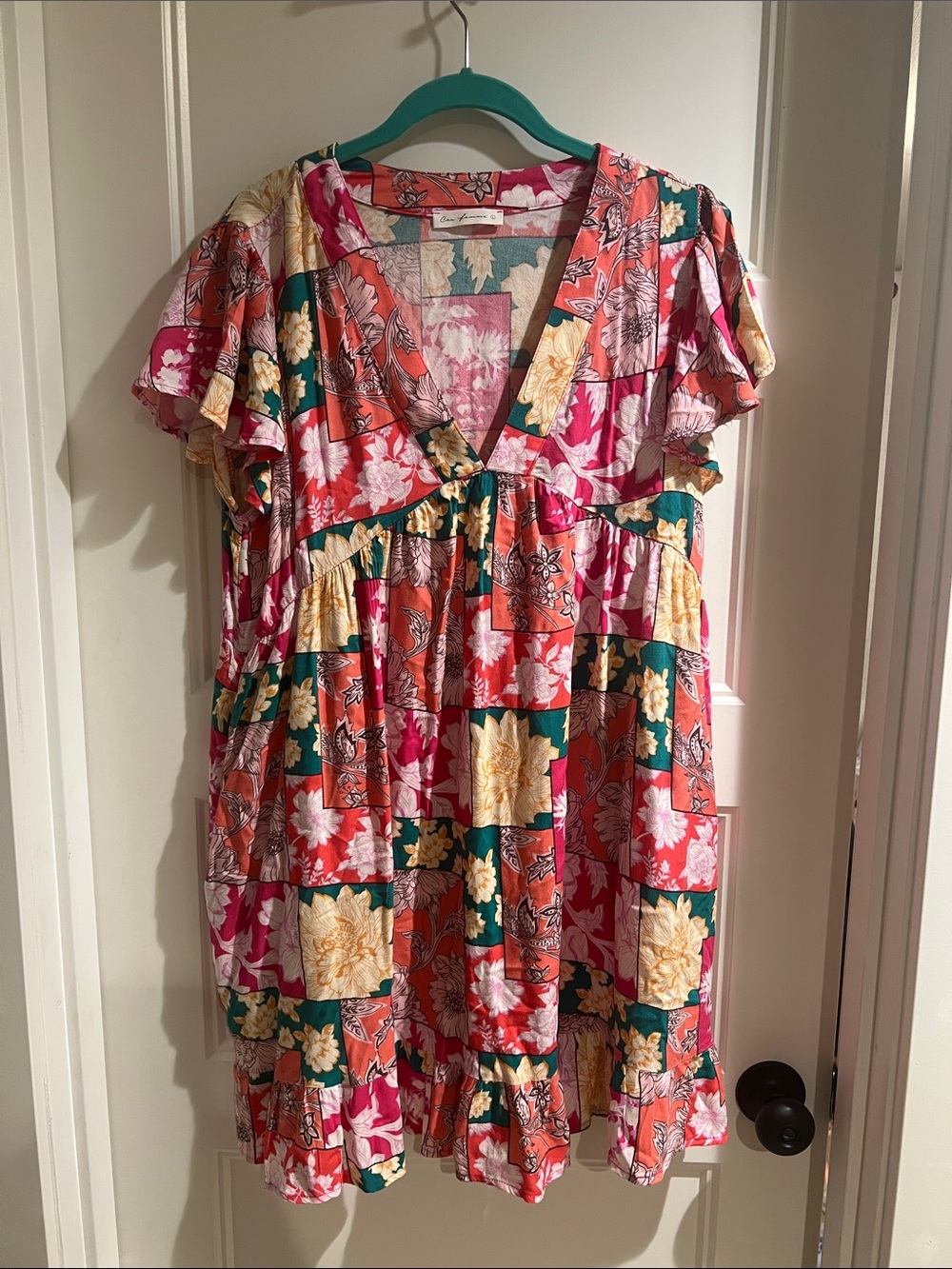 Ces Femme Multicolor Floral Patchwork Top - Teal, Coral, Pink, Yellow